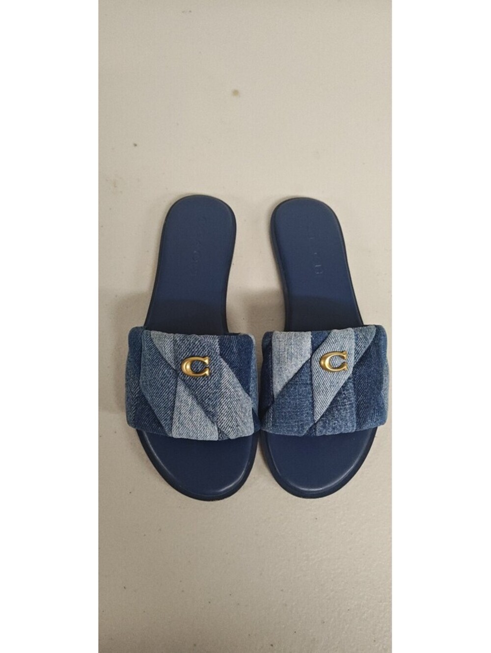 Coach Holly Quilted Patch Denim Sandals CAR66 Womens 6.5B Blue Slides